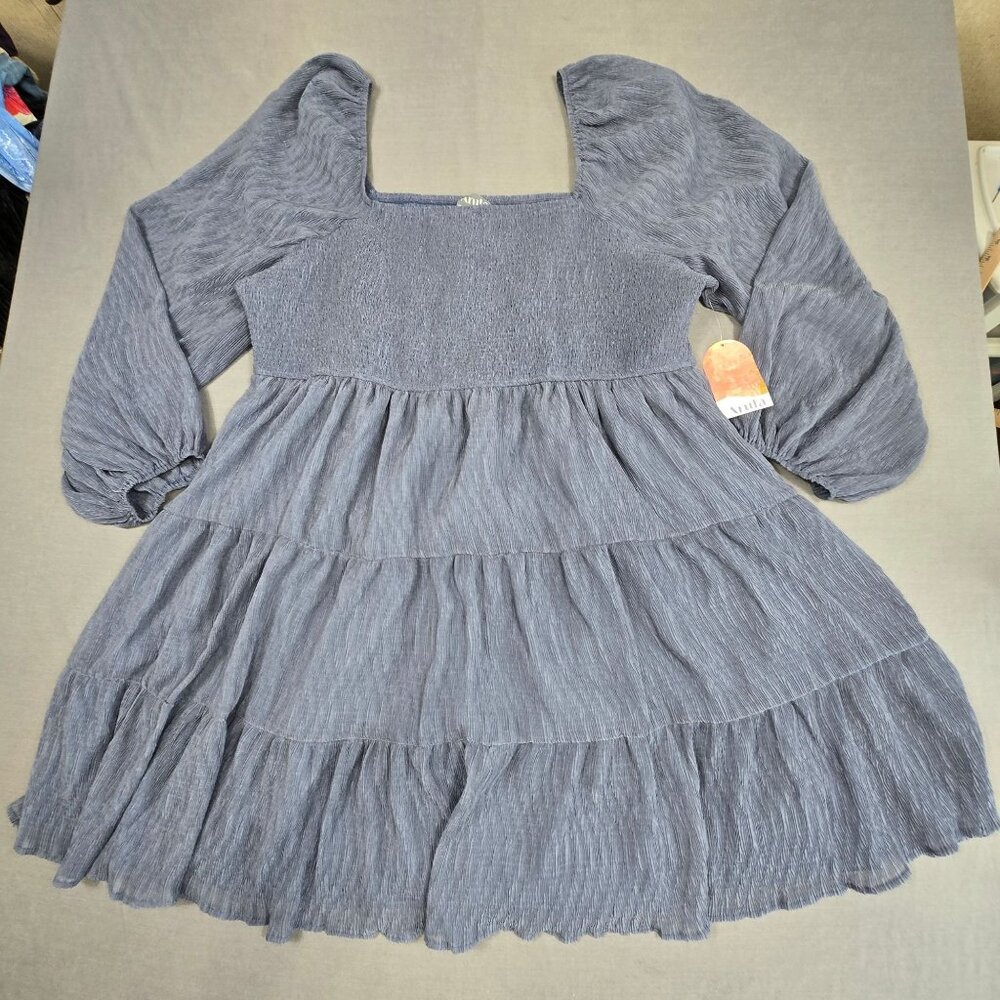 NEW Arula Blue Tiered Long Sleeve Smocked Dress 3X Milkmaid Boho Peasant